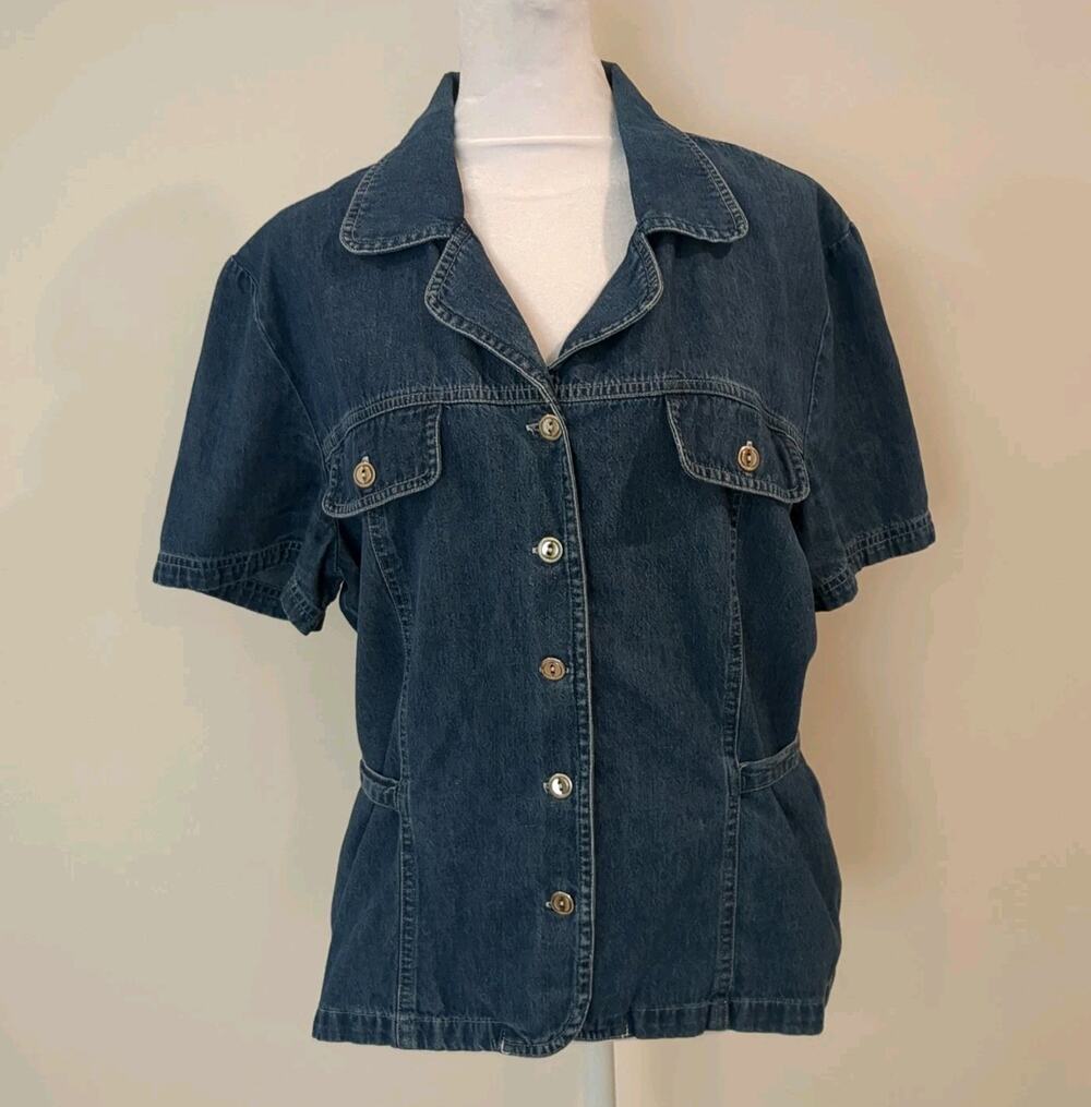 Vintage Women’s 16 Chambray Denim Boho Button-Front Shirt Belt Back Tie
